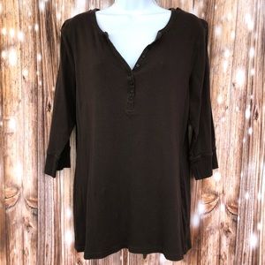 Sonoma Brown Ribbed Button ¾ Sleeve Top